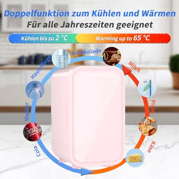 YASHE Mini-Kühlschrank 6 Liter, tragbarer thermoelektrischer Kühler für Lebensmittel und Hautpflege, pink, AC/DC, geräuscharm – Bild 3
