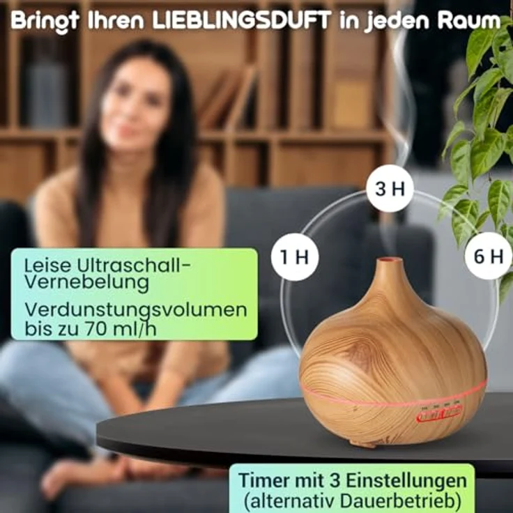 Casativo Aroma-Diffuser in Holzoptik, 300 ml, LED-Beleuchtung in 7 Farben, Timer und ultraschallbetriebene Luftbefeuchtung – Bild 2