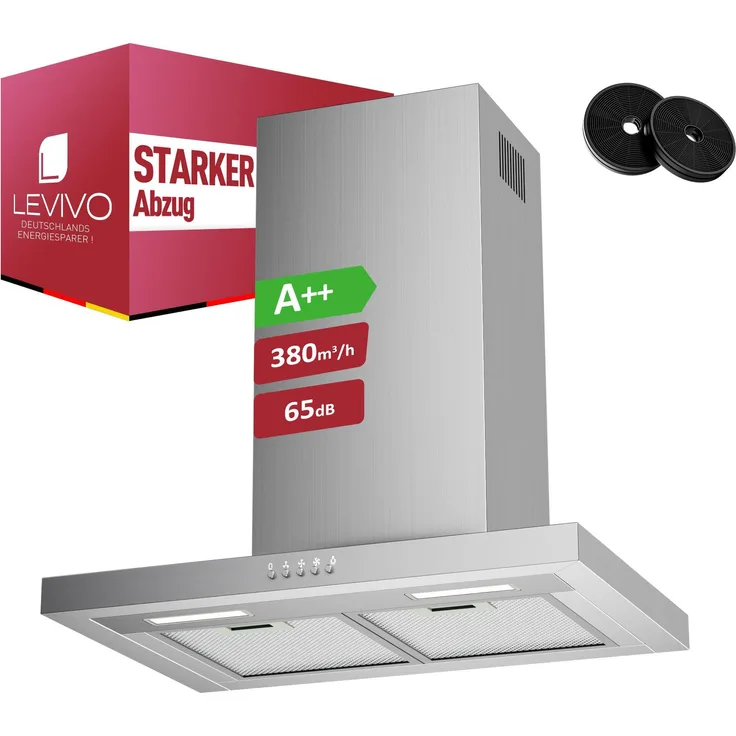 LEVIVO A++ Dunstabzugshaube 60 cm, Umluft & Abluft, 380 m³/h, 3 Leistungsstufen, Edelstahl, mit 2 Aktivkohlefiltern und 2 Fettfiltern