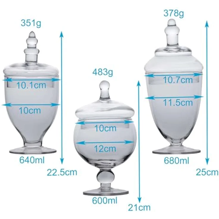 Intirilife 3er Set Süßigkeiten Glas im viktorianischen Stil - Vintage Bonbon Keks Glas Vorratsglas mit Deckel - 25 x 11.5 / 22.5 x 10.1 / 21 x 12 cm – Bild 2