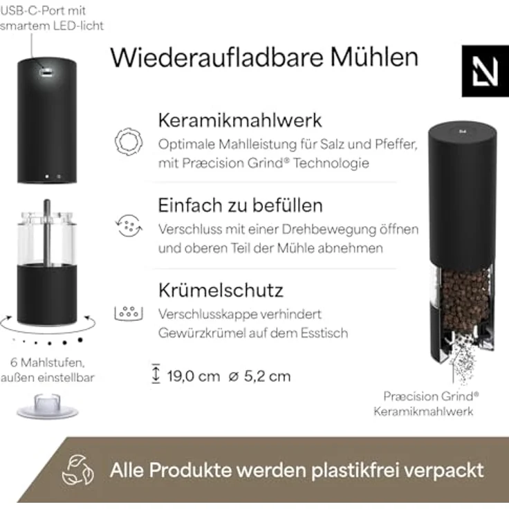 LARS NYSØM Salz- und Pfeffermühle Elektrisch 2er Set, Edelstahl mit einstellbarem Keramik-Mahlwerk, USB-C wiederaufladbar, LED-Licht, Carbon Black – Bild 4