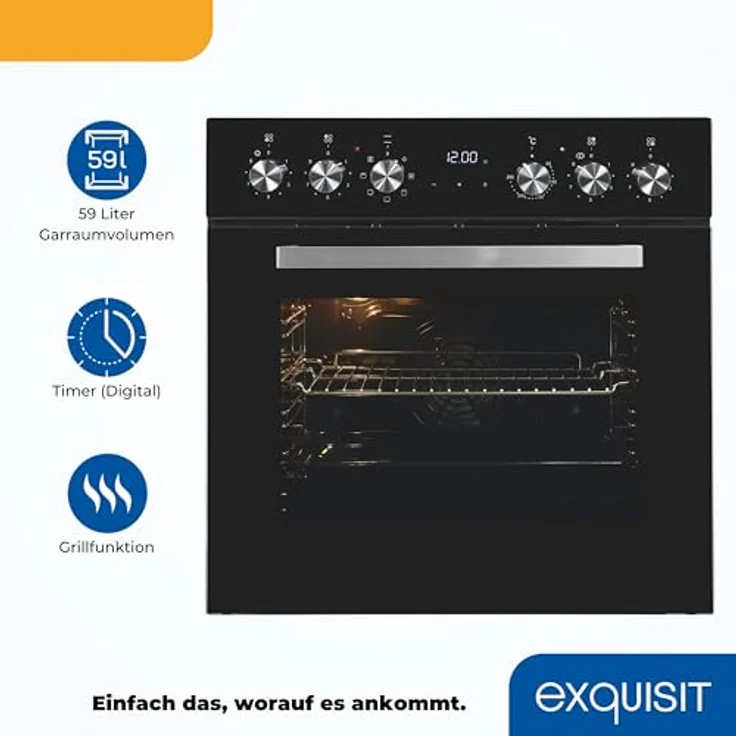 Exquisit Einbauherdset EHE157-UBZ-020-Set schwarz, 59 l Garraumvolumen, 7 Backprogramme, Kochen mit Grill und Umluft, Energieklasse A – Bild 3