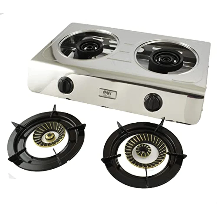 NJ-60SD Edelstahl Gaskocher 2 flammig Campingkocher 7,6 KW mit Zündsicherung 60cm mit Turboflamme inkl. Gasherdkreuz + Gasschlauch-Regler Set – Bild 4
