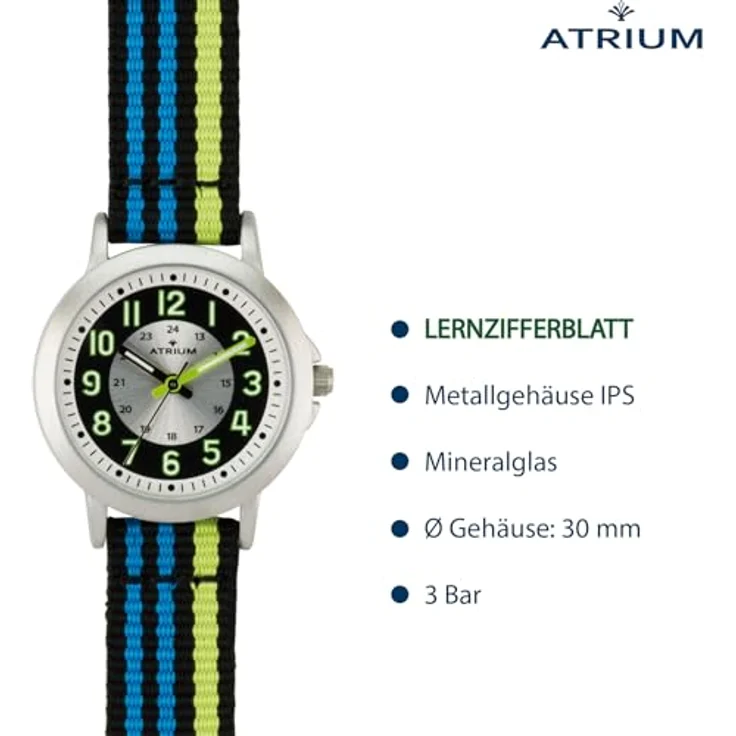 Atrium Kinderuhr, Lernuhr mit gestreiftem Textilband, 3 bar Wasserdichtigkeit – Bild 3