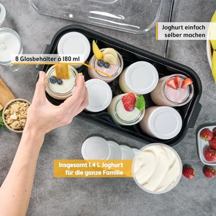 TZS FIRST AUSTRIA Joghurtbereiter Joghurt Maker, 25 W, 8 Gläser à 190 ml, Edelstahl, LCD-Display, Temperatursteuerung, Timer- und Auto-Stop-Funktion – Bild 3