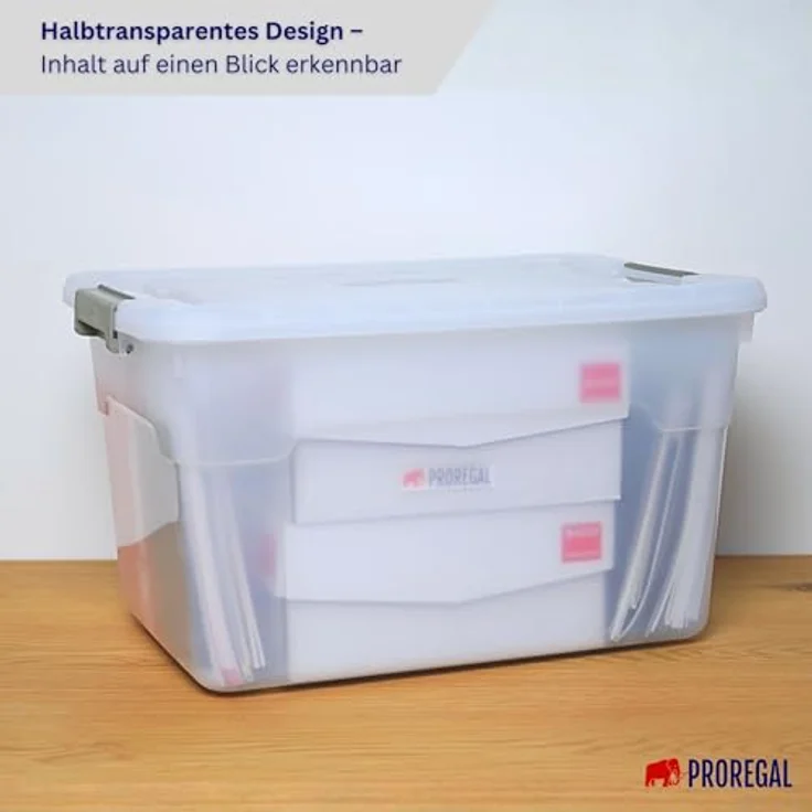PROREGAL Aufbewahrungsbox mit Deckel 45L, 4er Set, transparent, stapelbar, mit Rollen und Verschlussclips für Küche, Haushalt und Keller – Bild 3