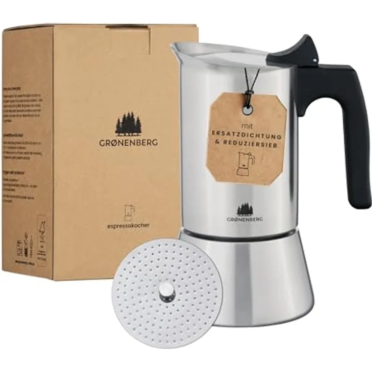 GRØNENBERG Espressokocher Edelstahl, Induktion geeignet, 4/6 Tassen, 0,3l, inkl. Reduziersieb & Ersatzdichtung, aluminiumfrei & unbeschichtet