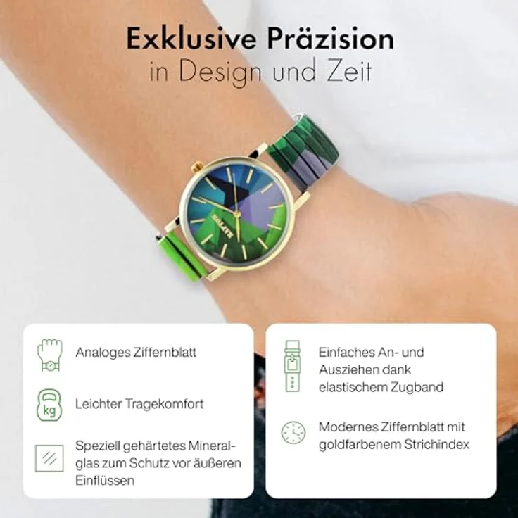 Raptor Colorful Edition Damen-Uhr, Quarz-Armbanduhr mit grünem Edelstahl Zugarmband und flexiblem Tragekomfort, 36 mm – Bild 3