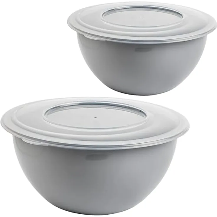 2friends Schüssel Modell Leya, 3x Rührschüssel Set mit Deckel, 2L hellgraue Plastikschüsseln, Ø 28 cm, BPA-frei