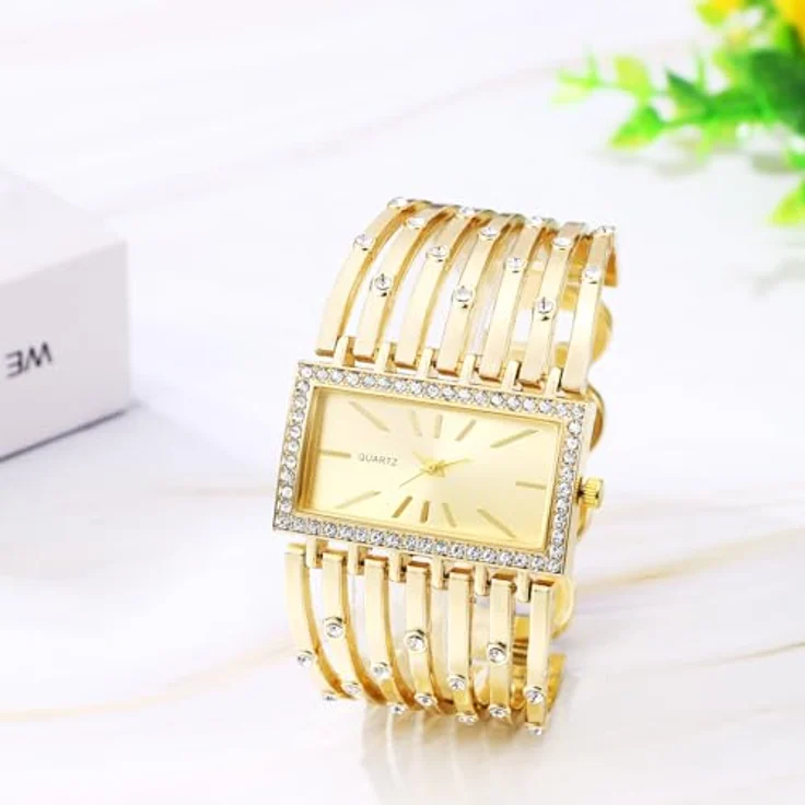 JewelryWe Damenuhr Rechteckig Armreif Uhr, Glitzer Strass Analog Quarz Armbanduhr in Gold mit breitem Metallarmband und Diamantverzierungen – Bild 5