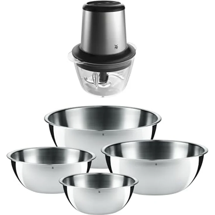 WMF Gourmet Set, 2-teilig Edelstahl Schüsselset 0,75l - 2,75l, stapelbar + Kult X Edition Zerkleinerer elektrisch mit Glasbehälter, 320 W – Bild 1