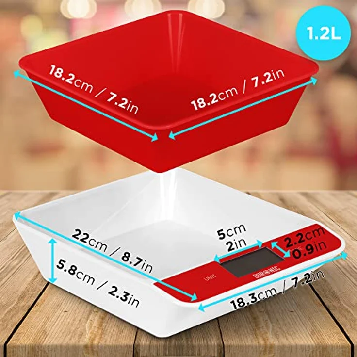 Duronic KS100 RD Küchenwaage | 5 kg Digitalwaage mit 1,2 L abnehmbarer Schüssel | 1 g grammgenau Präzision-Feinwaage | Haushaltswaage mit Tara-Funktion | Digitale Waage mit Hold-Funktion | Zum Kochen – Bild 2