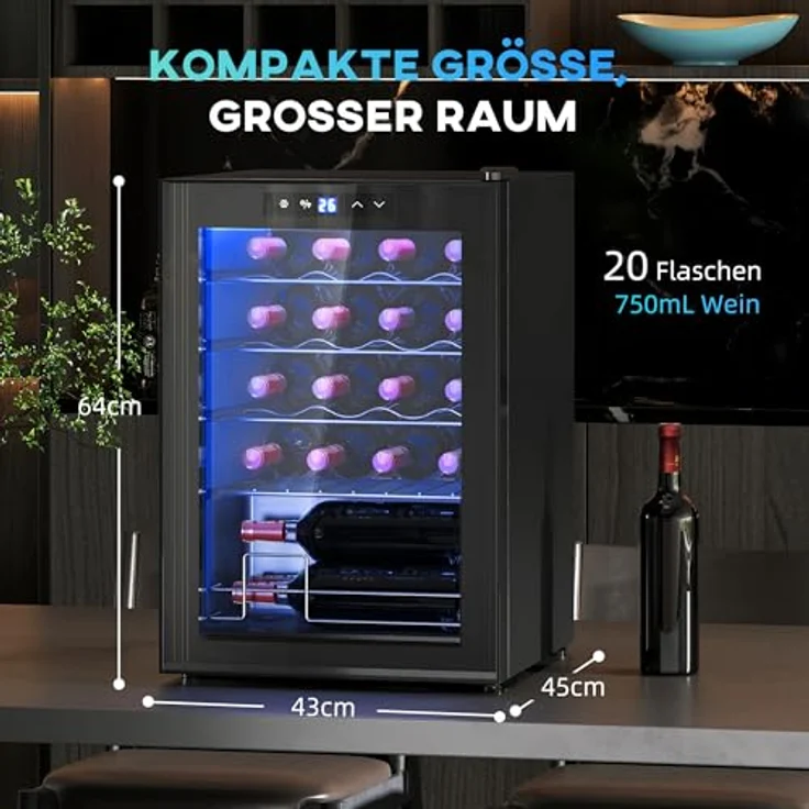 HOMCOM Weinkühlschrank 20 Flaschen 53L 5-18℃ Kompressor Getränkekühlschrank mit Anti-UV Glastür, Flaschenkühlschrank mit LED-Leuchte, Kleiner Weinschrank mit Touch-Screen in Schwarz – Bild 5