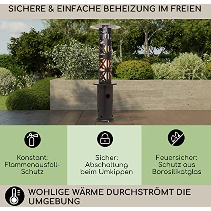 Blumfeldt Terrassenheizer, Outdoor-Gasheizstrahler, Heizpilz Gas für Terrasse, Garten & Balkon, Terrassen-Heizer mit Elektrischer Zündung, 360°Flammen-Blick, Gas-Heizstrahler mit Bodenrollen – Bild 4