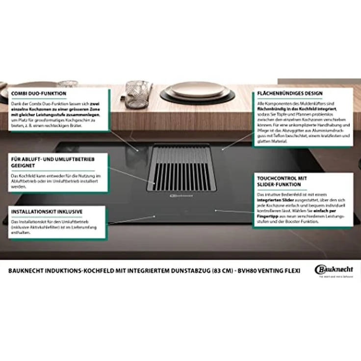 Bauknecht BVH80 Venting Flexi Induktions-Kochfeld mit integriertem Dunstabzug / 83 cm/Booster-Funktion/Kindersicherung/CombiDuo/Restwärmeanzeige/Flächenbündiges Design/Touch-Control – Bild 5