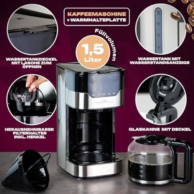 ProfiCook PC-KA 1169 Kaffeeautomat, elektronische Aromawahlfunktion, Sensor Touch-Bedienung - Touchscreen, 24 Stunden-LED-Digital-Zeitschaltuhr, 1.5 Liter, Edelstahl - Schwarz – Bild 3