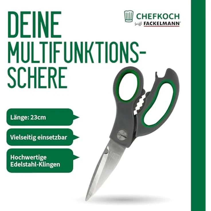 FACKELMANN Küchenschere – Robuste Multifunktionsschere mit Edelstahlklingen und ergonomischem Soft-Grip Griff, silber und grün – Bild 2