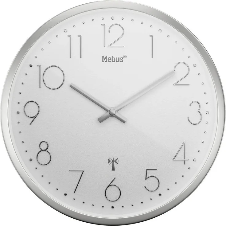 Mebus Wanduhr Funk Wanduhr (Schleichendes Uhrwerk, lautlos, Silbernes Gehäuse)
