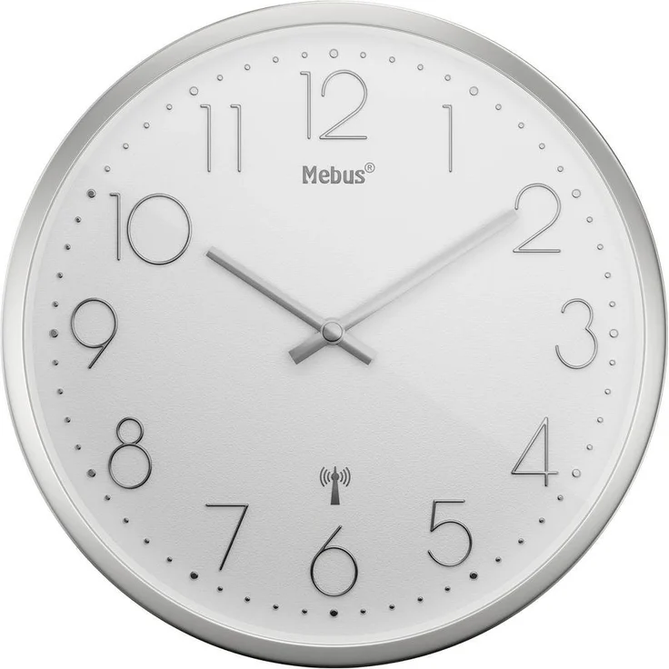 Mebus Wanduhr Funk Wanduhr (Schleichendes Uhrwerk, lautlos, Silbernes Gehäuse) – Bild 1