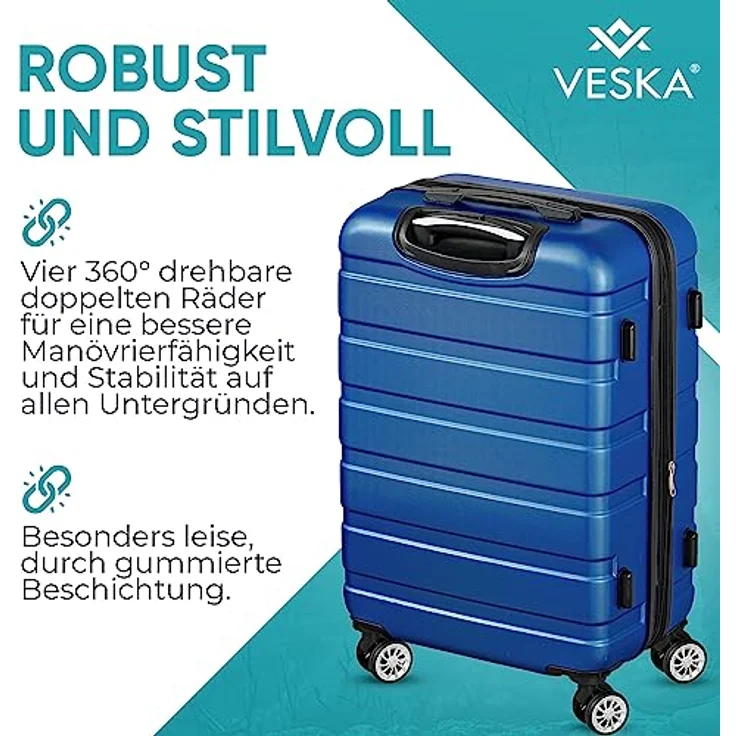 VESKA 3tlg. Hartschalenkofferset Hard Shell Reisekoffer Kofferset Trolley Koffer Hartschalenkoffer Reisekofferset Rollkoffer TSA Zahlenschloss 4 Rollen ABS-Hartschale M-L-XL (schwarz) – Bild 3