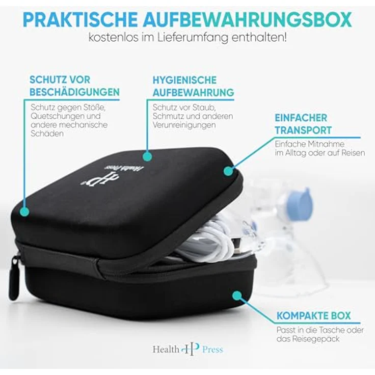 Health Press Inhalationsgerät – Tragbares, Reisetaugliches Inhaliergerät für Erwachsene & Kinder – Leiser Vernebler für effektive Inhalation, inkl. Aufbewahrungsbox, Mundstück, Masken & USB-Kabel – Bild 3