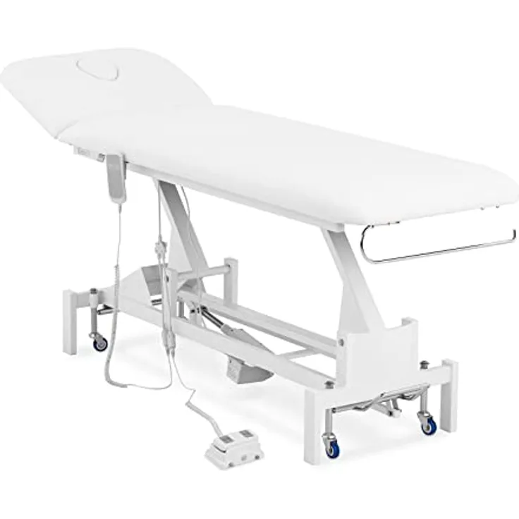 Physa Massageliege elektrisch Massagebank Therapieliege 200 kg Weiß Fußpedal Räder, Höhenverstellbar und mobil