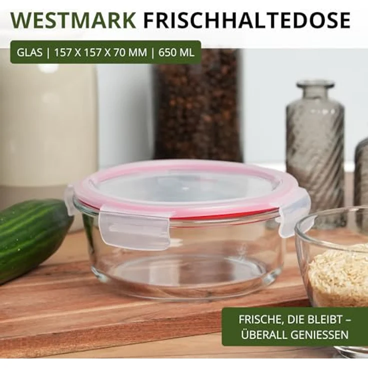 Westmark Glas-Frischhaltedose 650 ml, rund, luftdicht, BPA-frei, mit rotem Dichtungsring, spülmaschinenfest – Bild 2