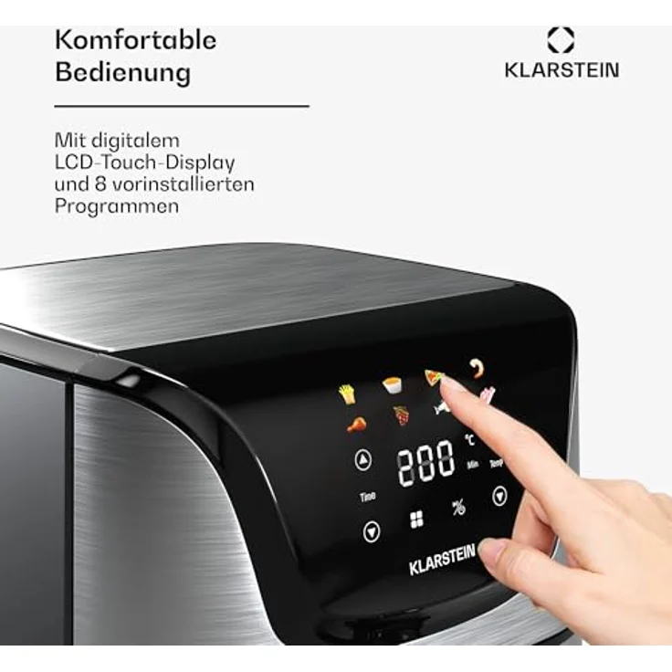 Klarstein AeroVital Deluxe Heißluftfritteuse 5,4L Airfryer 1700W Touch-Display 8 Programme Antihaftbeschichtung Grillrost & Pizzablech Cooltouch-Gehäuse Timer & Temperaturkontrolle Edelstahl – Bild 3