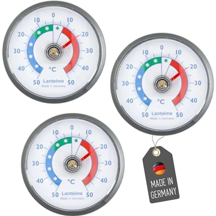 Lantelme Kühlschrankthermometer Set, 3 Stück Bimetall Analog, selbstklebend, Temperatur -50°C bis +50°C, grau für Kühlschrank und Gefrierschrank