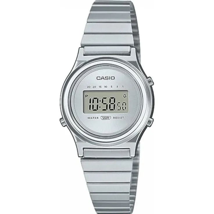 Casio Watch LA700WE-7AEF, Digitaluhr mit Kalender, Stoppuhr und Alarm, Silber Edelstahl Band