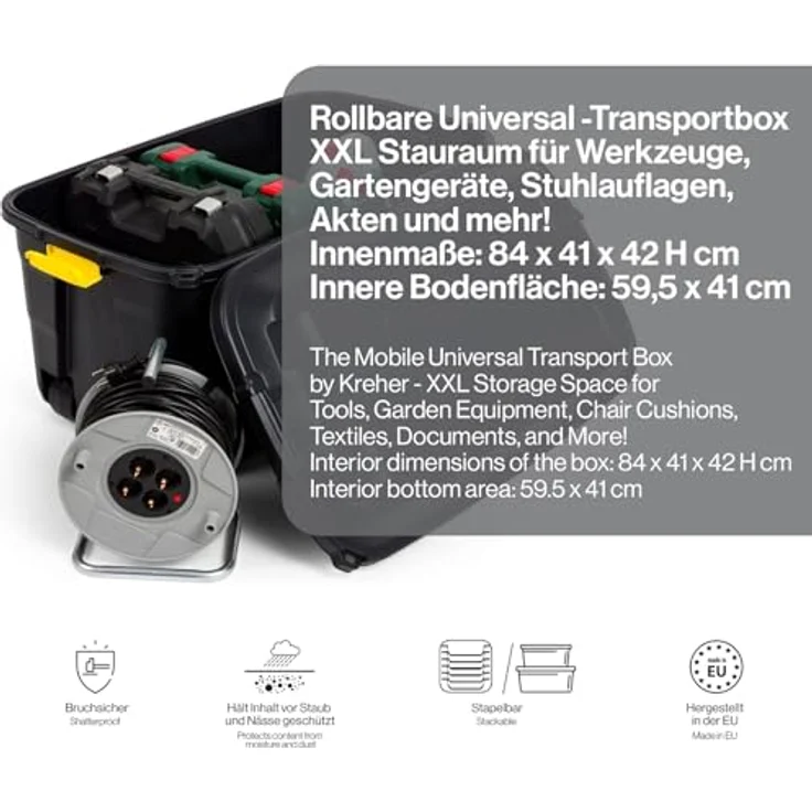 Kreher XXL Transportbox/Kissenbox mit 145 Liter Fassungsvermögen und vier Rollen! Abnehmbarer und abschließbarer Deckel, Nässe-geschützt und in robuster Ausführung! 93 x 53 x 46 cm! - Preisvergleich – Bild 5