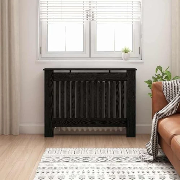 vidaXL Heizkörperabdeckung Schwarz Eichen-Optik, Rechteckiger Heizkörper-Schutz, Holzdeko, kindersicher, 112 x 19 x 81,5 cm – Bild 2