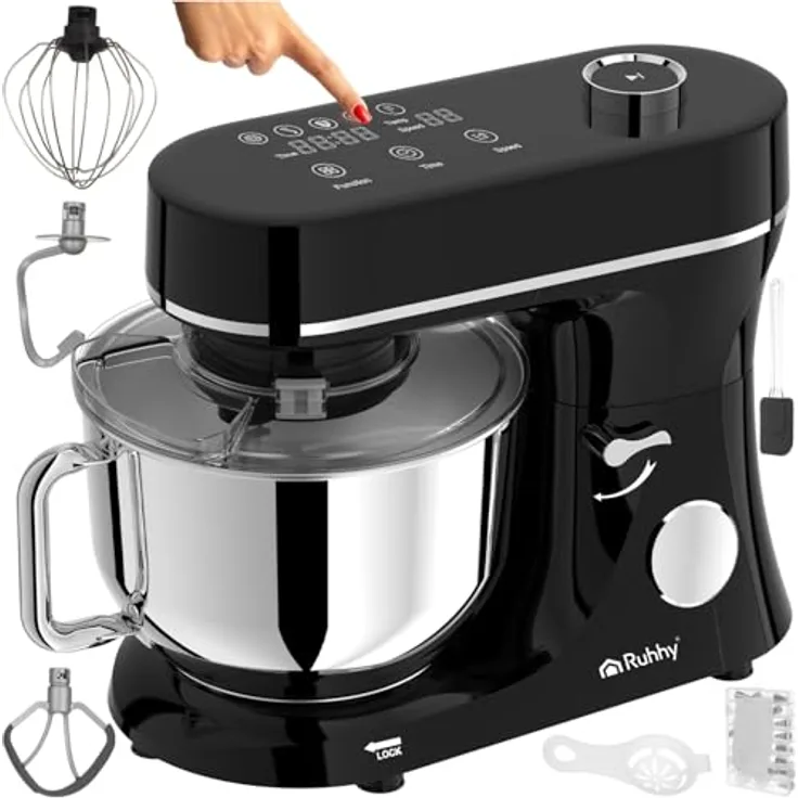 RUHHY Planetenrührgerät 2000W, Küchenmaschine mit beheizbarer Rührschüssel 6,2L, 11 Geschwindigkeiten & Touchdisplay, schwarz und silber