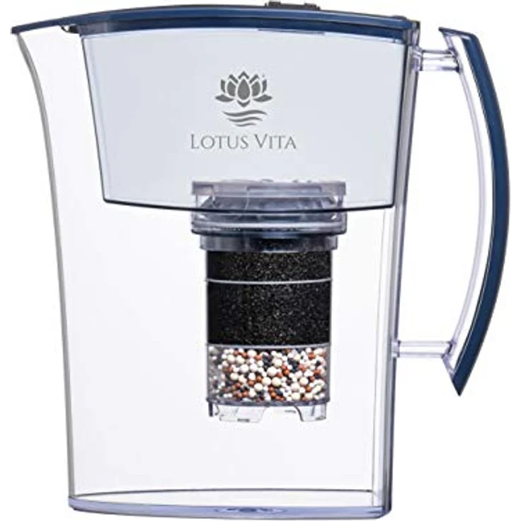 Lotus Vita LOTUS div. Farben - Wasser Filterkanne mit Kartusche, Reduziert Kalk Chlor Blei aus Leitungswasser durch Aktivkohle Ionentauscher, BPA-frei (blau) – Bild 1