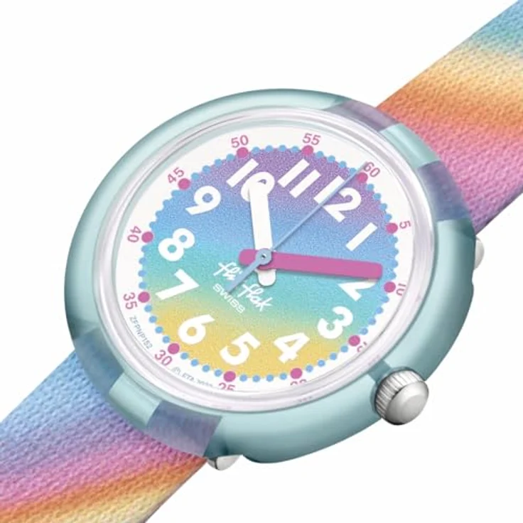 Flik Flak Montre Enfant Liquid Rainbow, Armbanduhr mit Quarzwerk, 31.85 mm Durchmesser, pinkes Armband, blaues Gehäuse, wasserdicht bis 3 Bar – Bild 3