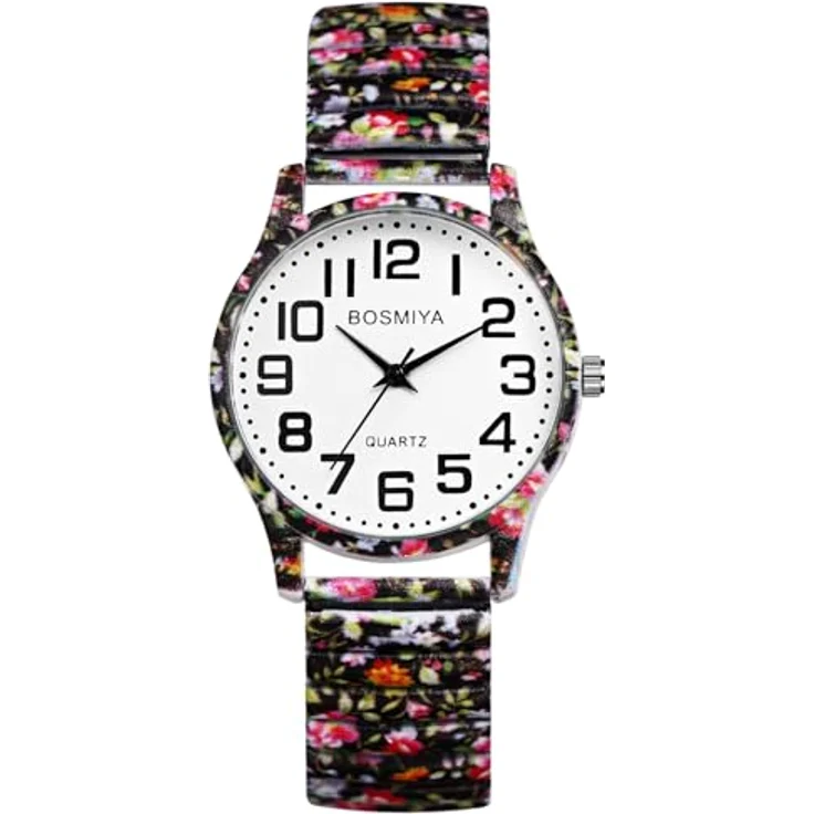 JewelryWe Damenuhr Boho Elastische Uhr, Analog Quarz mit Rotem Floral Druck und Großen Zahlen, Edelstahl Stretch-Armband – Bild 1
