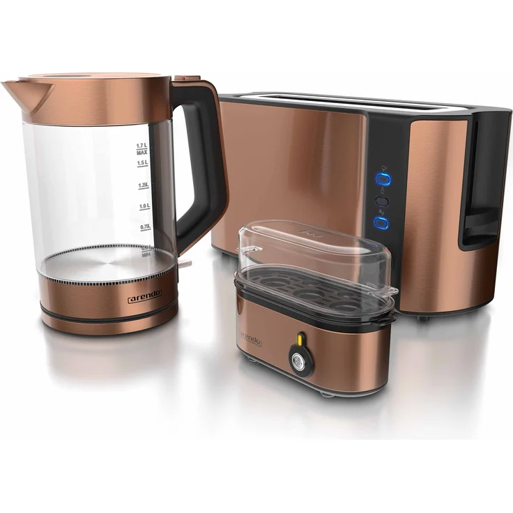 Arendo Frühstücks-Set in Kupfer Optik, Wasserkocher + Eierkocher + Toaster, Edelstahl Küchengeräte mit 1,7 Liter Volumen, 2200 W, 6-stufigem Bräunungsgradregler und individuell wählbarem Härtegrad