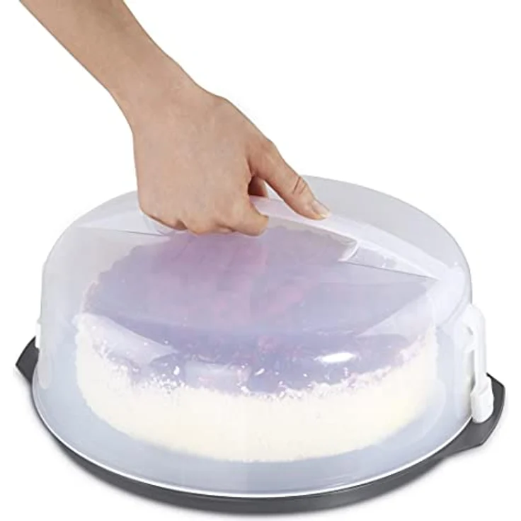 Xavax Kuchen-Transportbox rund mit Deckel Kuchenbehälter Ø 28,5 cm, Innenhöhe 8 cm, Kuchenbox mit Stückeinteilungshilfe, Haube und Servierfächern, Party- und Tortenbutler Tortenplatte anthrazit – Bild 4