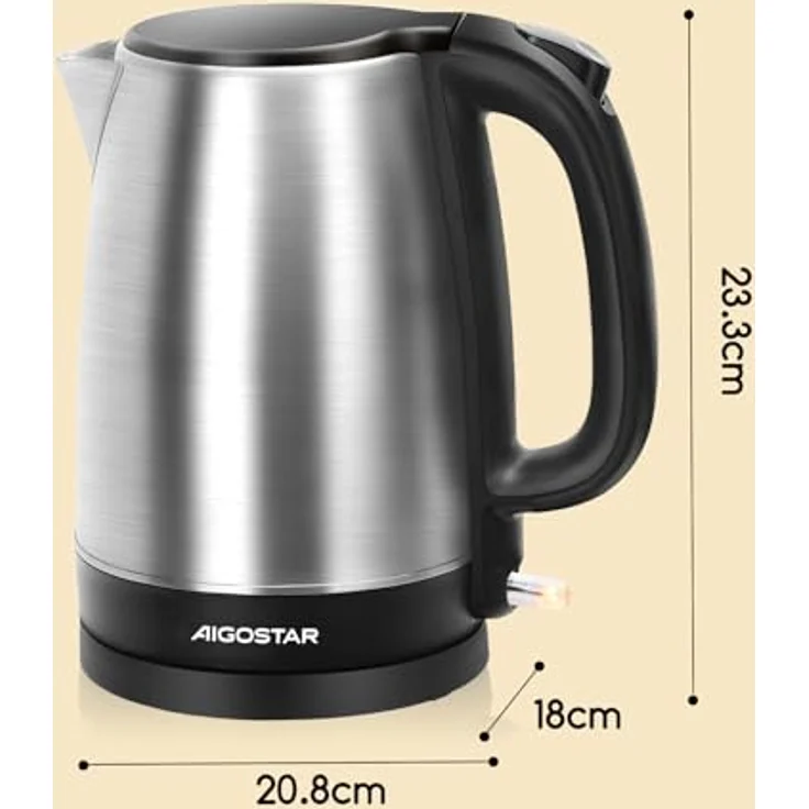 Aigostar 300104LYF Wasserkocher, 2200 Watt, 1,7 Liter, kabellos, Kalkfilter, Abschaltautomatik, Edelstahl, Kunststoff, silber, schwarz – Bild 3