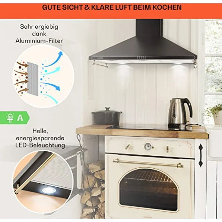 Klarstein Dunstabzugshaube für die Küche, Abzugshaube Umluft/Abluft, Dunstabzugshaube 90 cm, Dunstabzugshaube mit Spülmaschinenfestem Filter, Dunstabzug Leise, Dunstabzugshauben mit 645m³/h Luftstrom – Bild 4