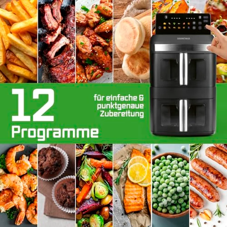 GOURMETmaxx FryUp XL, vertikale Doppelkammer Heißluftfritteuse mit 12 L und Sichtfenster, 2800 W, schwarz, mit 9,6 Zoll Multi-Colour LED-Touchdisplay & 12 Programmen – Bild 11