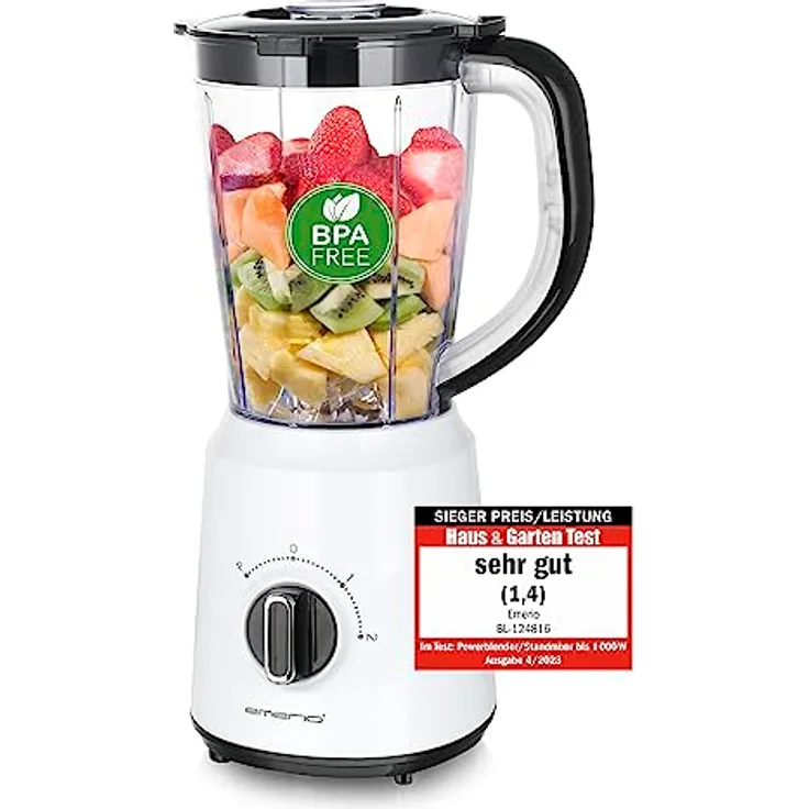 Emerio Standmixer BL-124816, BPA frei, Crush Ice Funktion, 1.5l Behälter, 2 Geschwindigkeiten + Pulse Funktion, Messereinheit aus Edelstahl, Sicherheitsschalter, geschirrspülgeeignet, 500 Watt