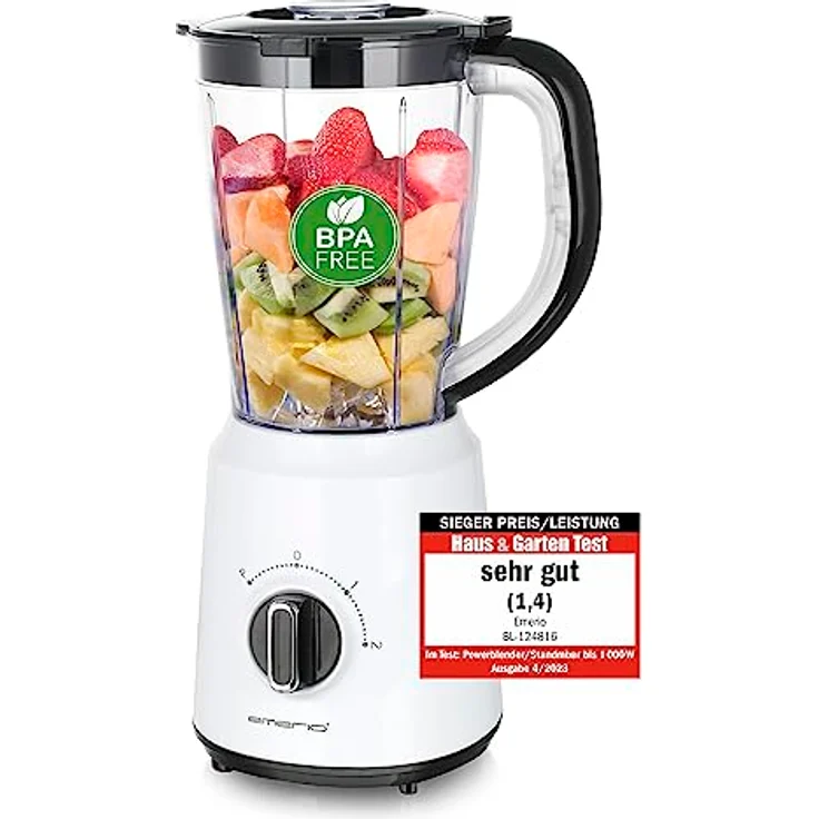 Emerio Standmixer BL-124816, BPA frei, Crush Ice Funktion, 1.5l Behälter, 2 Geschwindigkeiten + Pulse Funktion, Messereinheit aus Edelstahl, Sicherheitsschalter, geschirrspülgeeignet, 500 Watt – Bild 1