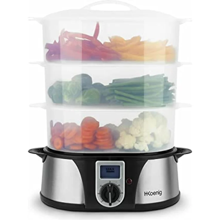 H.Koenig VAP12 Dampfgarer - 3 Garschüssel - 12 L Fassungsvermögen - Timer - 1000 W - LCD-Anzeige - Edelstahl - schwarz – Bild 2