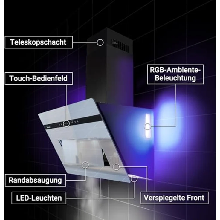 KKT KOLBE PLOOM6005M, Dunstabzugshaube 60 cm, A+++ Umluft/Abluft, 782 cbm/h, Schwarz Glas Spiegel, Nachlaufautomatik, Smart WiFi App, SensorTouch, RGBW LED-Beleuchtung – Bild 4