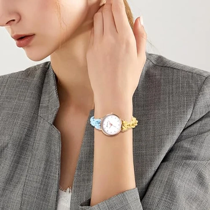 JewelryWe Damenuhr mit elastischem Haarband, Analog Quarz Armbanduhr in Blau und Gelb, Multifunktionale Lässige Uhr – Bild 5