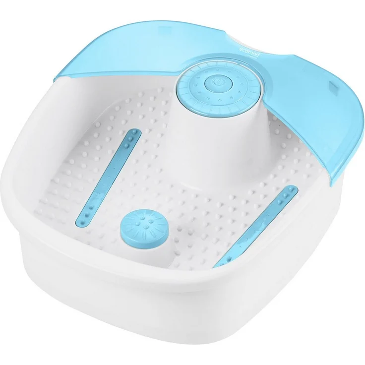 ecomed FS-70E Fußsprudelbad, 60 W mit Sprudel- und Vibrationsmassage, Weiß-Blau, für Schuhgröße bis 44