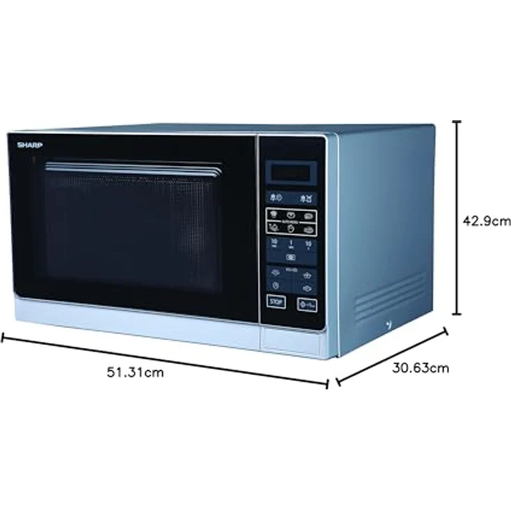Sharp R342WW Mikrowelle, Standgerät, 25 Liter Garraum, 900 Watt, LED-Display, 8 Automatikprogramme, Timer, Gewichtgesteuertes Auftauen, Kindersicherung, Energiesparmodus, Glasdrehteller 31,5 cm, Silber – Bild 4