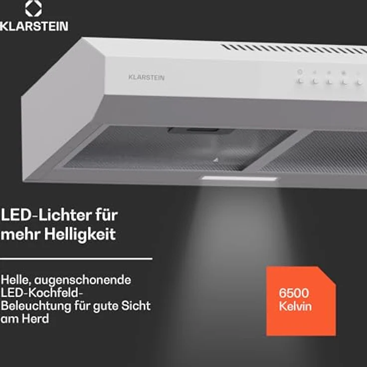 Klarstein Dunstabzugshaube 60cm, Abluft-Dunstabzugshaube mit Spülmaschinenfestem Filter aus Aluminium, Leise Abzugshaube Abluft, 200m³/h Luftstrom, Effiziente Wandhauben mit LEDs & Touch Controls – Bild 4
