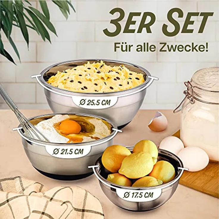 Praknu 3 Edelstahl Schüssel Mit Deckel Set - Rutschfeste Rührschüssel Groß - Luftdicht - Mit Messskala - Platzsparend - Ideal zum Mischen – Bild 2